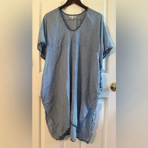 SUNDRY Anthropologie Blue White Stripe 100% Cotton Beach Pool Dress Sz 1 POCKETS